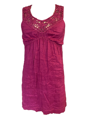 M.S.S.P Sleeveless linen Crochet Yoke Mini Dress in Magenta